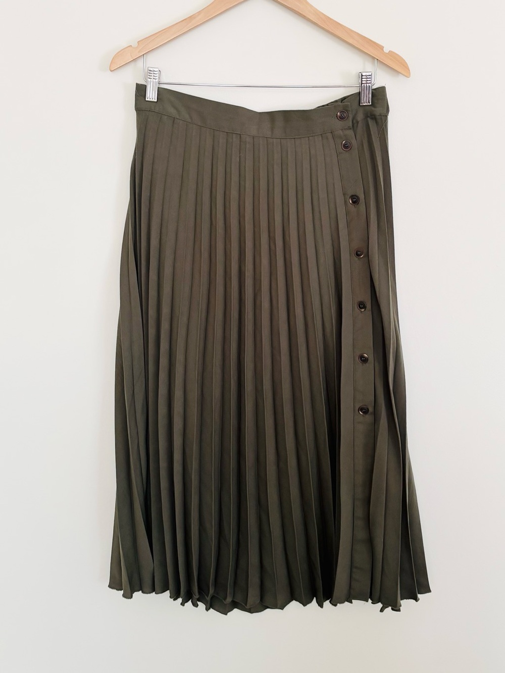 Tahari Pleated Midi Skirt with Side Buttons in Olive